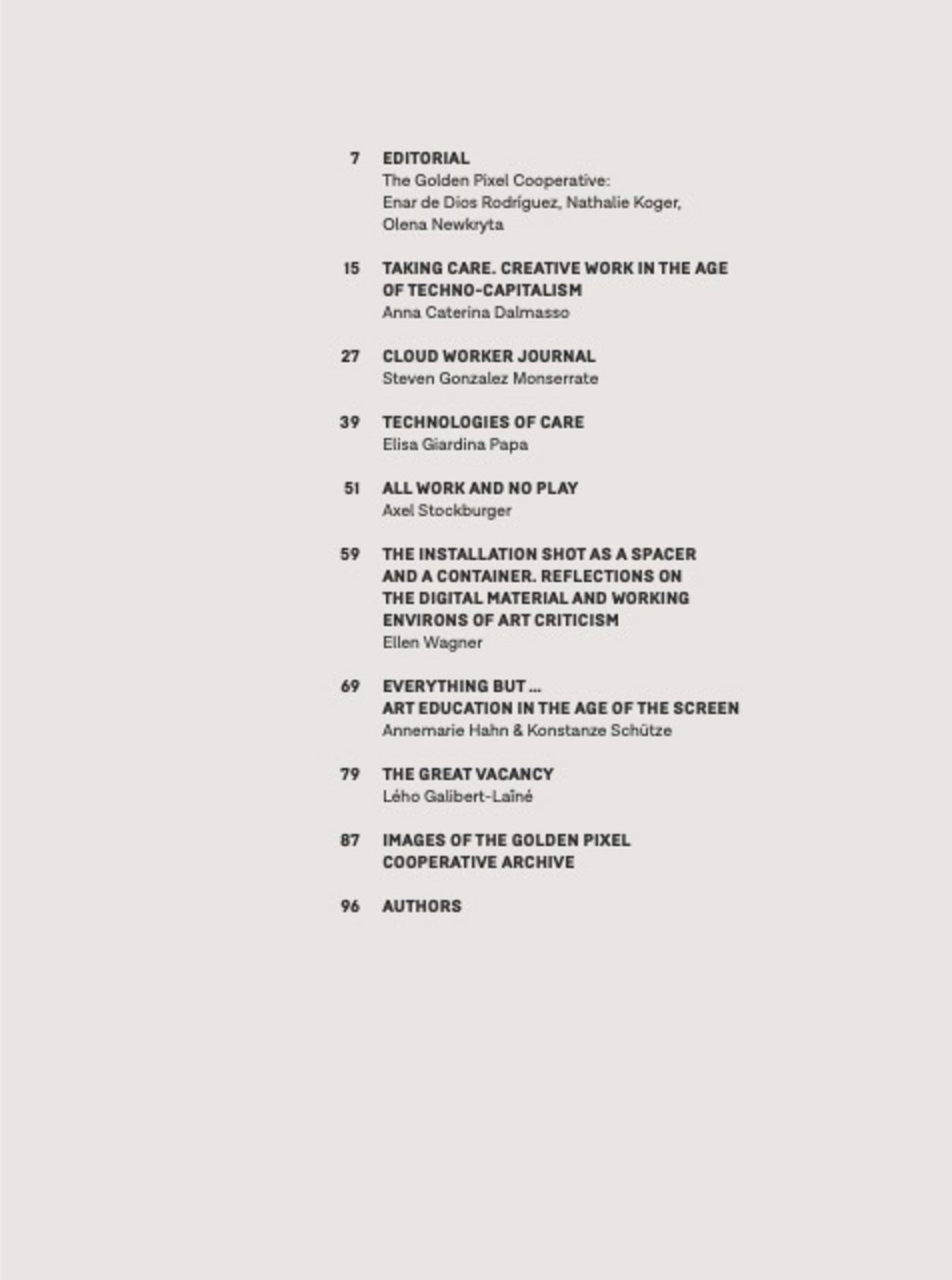 The Golden Pixel Cooperative, “You’ll Never Work Alone: Collective Infrastructures in Moving Images”, Table of Contents @ Bildrecht, Vienna 2025.