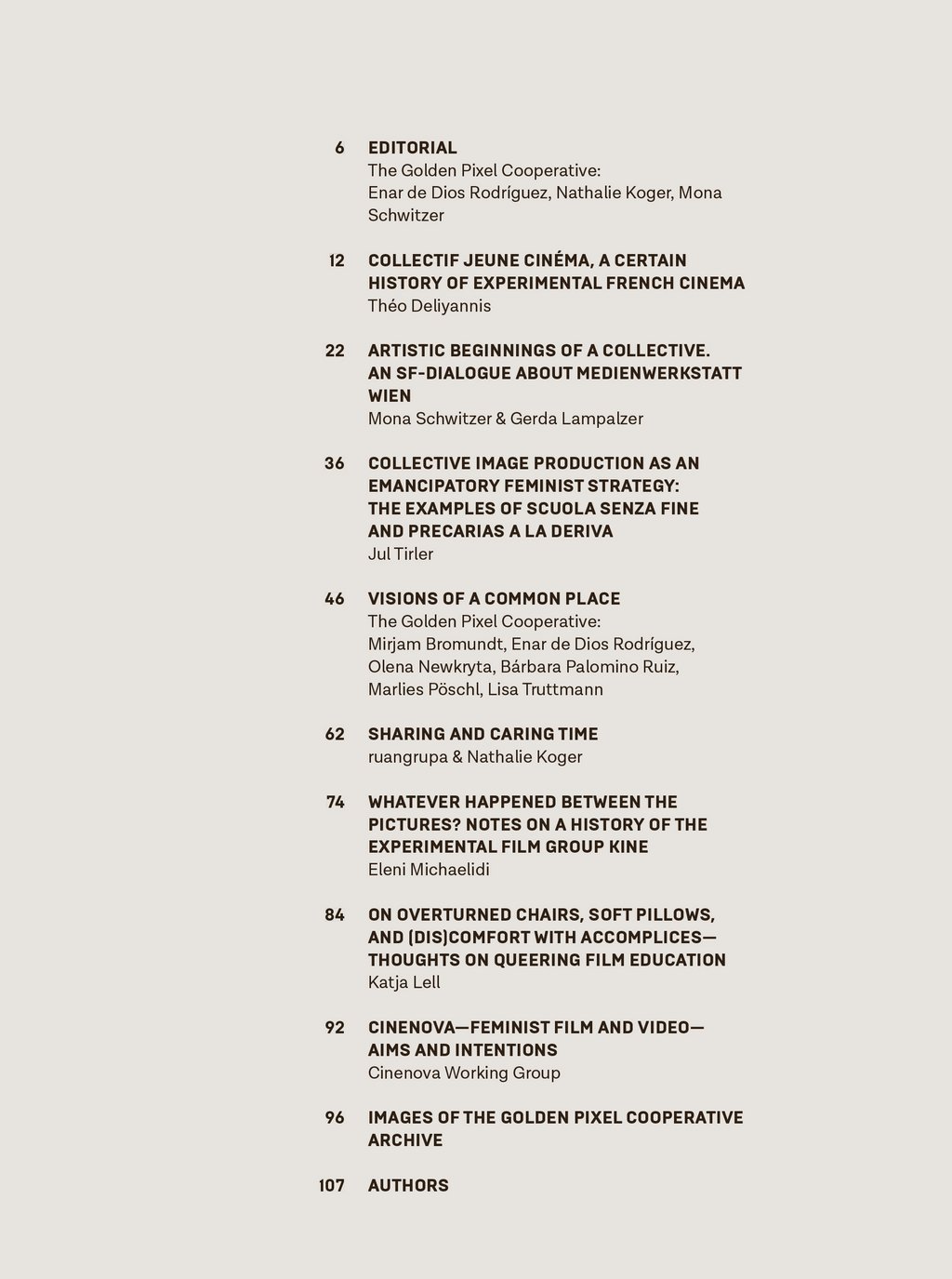 The Golden Pixel Cooperative, “You’ll Never Work Alone: Collective Infrastructures in Moving Images”, Table of Contents @ Bildrecht, Vienna 2025.