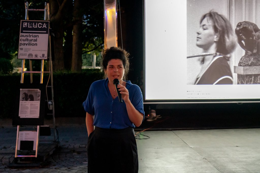 FLUCA -Austrian Culture Pavilion, moderator Lisa Truttmann, Plovdiv (BG), 2019. Photo: Katharina Swoboda @Bildrecht, Vienna 2024.