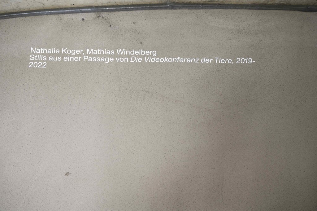 Nathalie Koger, “´Indizien`. Passage from ´The Animals´ Video Conference`”, 2022, exhibition view, Kunsthaus Graz. Photo: Simona Obholzer @Bildrecht, Vienna 2025
